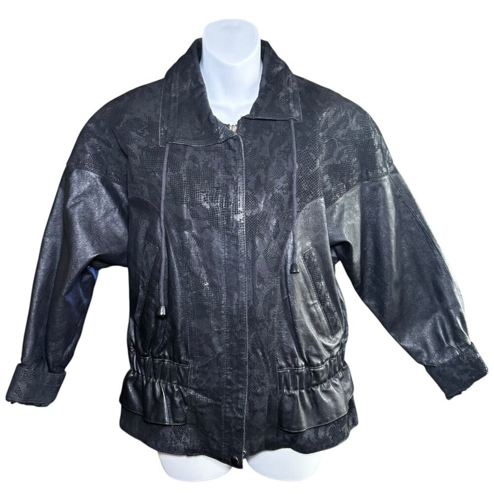 Wilson's Leather Snake Print Biker Jacket S Black Cropped Moto Punk Rock Vtg 90s